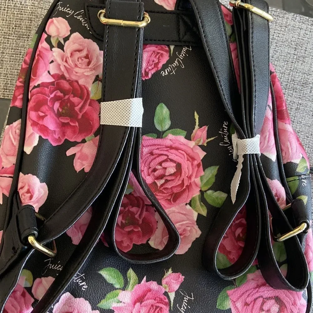 JUICY COUTURE~Black Romantic Rose Signature Logo Love Lock Backpack Purse~NWT